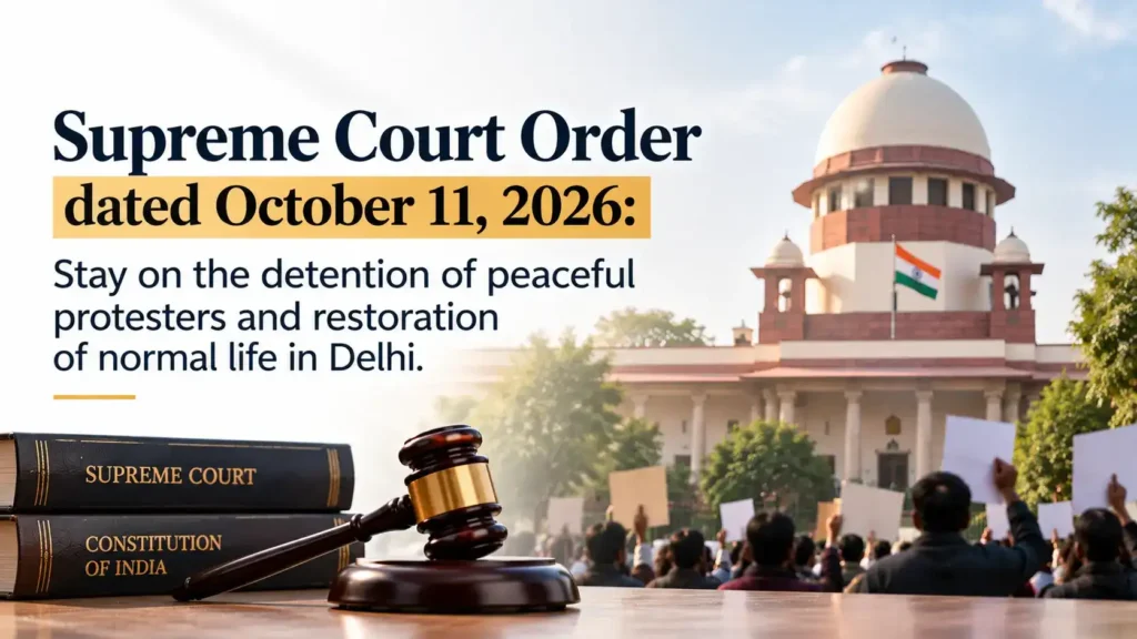 An image showing stacked law books labeled "SUPREME COURT" and "CONSTITUTION OF INDIA" with a wooden gavel in the foreground, and a group of peaceful protesters with placards and the Supreme Court building in the background, alongside the text "Supreme Court Order dated October 11, 2026: Stay on the detention of peaceful protesters and restoration of normal life in Delhi".