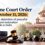 An image showing stacked law books labeled "SUPREME COURT" and "CONSTITUTION OF INDIA" with a wooden gavel in the foreground, and a group of peaceful protesters with placards and the Supreme Court building in the background, alongside the text "Supreme Court Order dated October 11, 2026: Stay on the detention of peaceful protesters and restoration of normal life in Delhi".