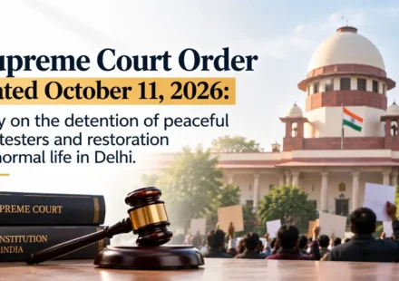 An image showing stacked law books labeled "SUPREME COURT" and "CONSTITUTION OF INDIA" with a wooden gavel in the foreground, and a group of peaceful protesters with placards and the Supreme Court building in the background, alongside the text "Supreme Court Order dated October 11, 2026: Stay on the detention of peaceful protesters and restoration of normal life in Delhi".