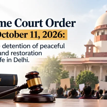 An image showing stacked law books labeled "SUPREME COURT" and "CONSTITUTION OF INDIA" with a wooden gavel in the foreground, and a group of peaceful protesters with placards and the Supreme Court building in the background, alongside the text "Supreme Court Order dated October 11, 2026: Stay on the detention of peaceful protesters and restoration of normal life in Delhi".