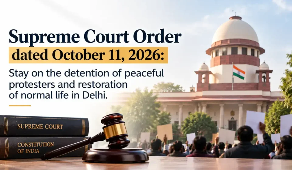An image showing stacked law books labeled "SUPREME COURT" and "CONSTITUTION OF INDIA" with a wooden gavel in the foreground, and a group of peaceful protesters with placards and the Supreme Court building in the background, alongside the text "Supreme Court Order dated October 11, 2026: Stay on the detention of peaceful protesters and restoration of normal life in Delhi".